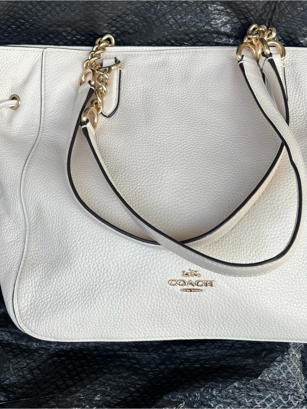 COACH  Elle Off White Pebbled Leather Tote with Gold Chain Straps